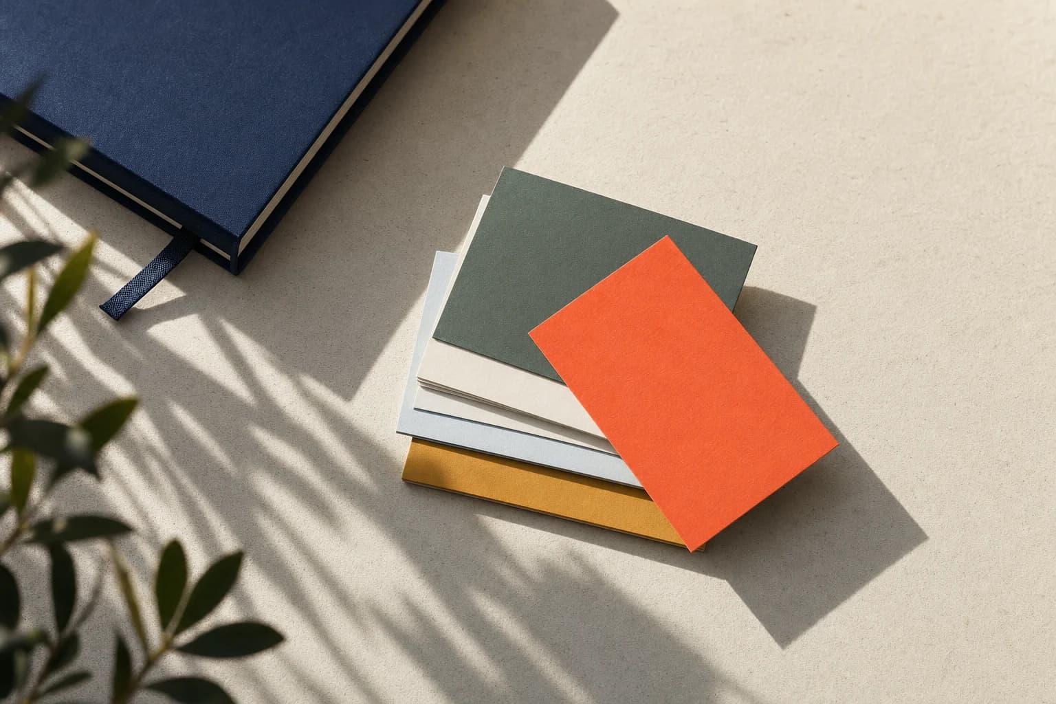 Navy notebook and layered cards arranged in sunlight