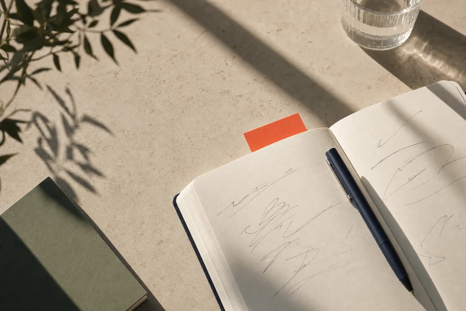 Open notebook, pen, and coral note on a warm stone desk
